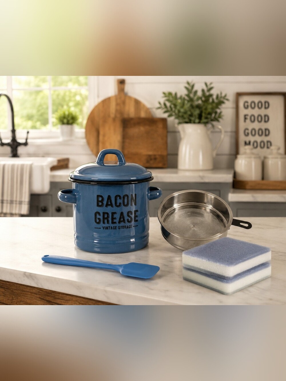 Vintage Style Bacon Grease Storage Container Blue Enamel Kitchen Canister Set